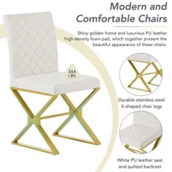 7 PCS Modern Dining Table Set, Marble Texture Kitchen Table And 6 PU Leather Chairs With X-Shaped Gold Steel Pipe Legs, White+Gold-ModernLuxe -ModernLuxe GUEST 006d7330 4b45 4389 befc 4a409298abf0