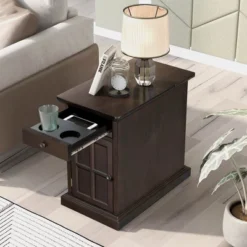 Classic Vintage End Table With USB Ports And A Multipurpose Drawer With Cup Holders - ModernLuxe
