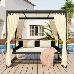 Patio Outdoor 3-Seat PE Rattan Swing Bed With Adjustable Curtains-ModernLuxe