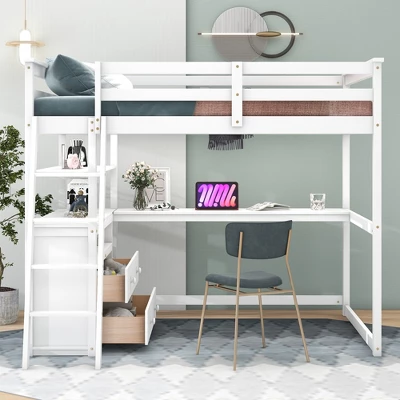 Full Size Loft Bed With Desk, Shelf And Two Built-in Drawers - ModernLuxe 3 Full Size Loft Bed With Desk, Shelf And Two Built-in Drawers - ModernLuxe
