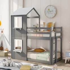 Twin Over Twin Wood Bunk Bed With Roof, Window, Guardrail, And Ladder-ModernLuxe -ModernLuxe GUEST 039cf7b3 231f 4805 9724 7151e3340fe3