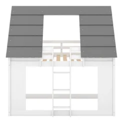 Twin Over Twin Wood House Bunk Bed With Roof And Built-in Ladder, White-ModernLuxe -ModernLuxe GUEST 04382b61 0b2a 425d 9693 2f2675760aac