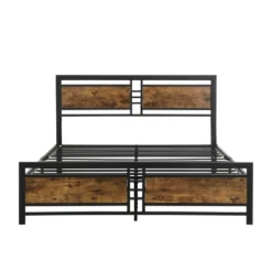 Queen Size Metal Platform Bed With Wood Headboard And Footboard, Antique Brown - ModernLuxe -ModernLuxe GUEST 05cbfc06 1ffb 409e ba7d 0f71d536ae9e