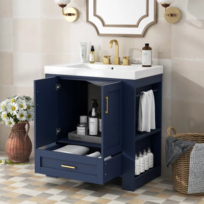 30" Bathroom Vanity With Single Sink, Drawer And Double Sided Storage Shelf, Navy Blue - ModernLuxe 3 30" Bathroom Vanity With Single Sink, Drawer And Double Sided Storage Shelf, Navy Blue - ModernLuxe