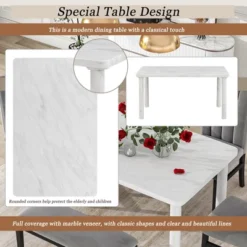 6 PCS Dining Table Set With Marble Veneer Table And 4 Flannelette Upholstered Dining Chairs & Bench-ModernLuxe -ModernLuxe GUEST 07bd9e44 e77a 40fa be47 afa3b5acb0e5