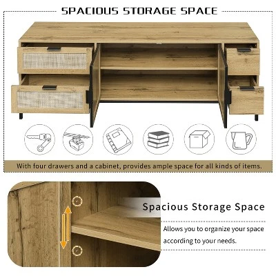 59.09" Elegant Rattan TV Stand With Adjustable Shelves And Wood Grain Finish - ModernLuxe 8 59.09" Elegant Rattan TV Stand With Adjustable Shelves And Wood Grain Finish - ModernLuxe - Image 6