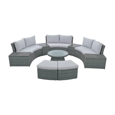 10 PCS Patio PE Rattan Half Round Conversation Set, Outdoor All-weather Wicker Sectional Sofa Set, Light Gray-ModernLuxe 9 10 PCS Patio PE Rattan Half Round Conversation Set, Outdoor All-weather Wicker Sectional Sofa Set, Light Gray-ModernLuxe - Image 7