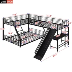 L-Shaped Twin Over Full Bunk Bed With Twin Size Loft Bed,Built-in Desk And Slide, Black - ModernLuxe -ModernLuxe GUEST 0da85a32 5d02 4bac 9d61 8b7a604408aa