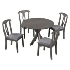 5-Piece Rustic Wooden Round Dining Table Set With Drop Leaf And 4 Upholstered Dining Chairs, Gray - ModernLuxe -ModernLuxe GUEST 1414dd9e 671a 4666 a973 09846aa56f31