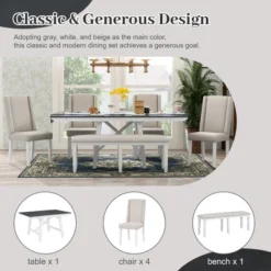 6 PCS Classic Wood Extendable Dining Table Set, Rectangular Table With 4 Upholstered Chairs & Bench, Gray+White-ModernLuxe -ModernLuxe GUEST 1477a739 a36f 4934 9425 da607e24eec3