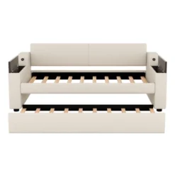 Twin Size Upholstery Daybed With Storage Arms, Trundle And USB Design, Beige - ModernLuxe -ModernLuxe GUEST 1511c610 7a21 40d4 926e 66e3a2c06ec9