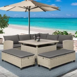 6-Piece Outdoor Patio Wicker Rattan Sectional Sofa With Table And Bench For Backyard, Garden, Pool Side, Brown - ModernLuxe
