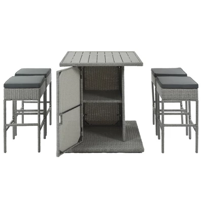 5-Piece Patio Rattan Dining Table Set , Counter Height PE Wicker Square Table Set With Storage Shelf And 4 Padded Stools, Gray-ModernLuxe 5 5-Piece Patio Rattan Dining Table Set , Counter Height PE Wicker Square Table Set With Storage Shelf And 4 Padded Stools, Gray-ModernLuxe - Image 4