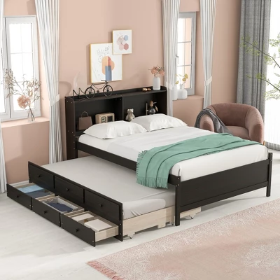 Full/Twin Size Platform Bed With Bookcase Headboard, Twin Size Trundle Bed And Drawers-ModernLuxe 3 Full/Twin Size Platform Bed With Bookcase Headboard, Twin Size Trundle Bed And Drawers-ModernLuxe