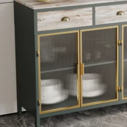 47.6" Modern Freestanding 4 Glass Door Sideboard With 3 Top Drawers, Natural - ModernLuxe 17 47.6" Modern Freestanding 4 Glass Door Sideboard With 3 Top Drawers, Natural - ModernLuxe -ModernLuxe GUEST 1e7b3a8c 8462 4b90 b8fd 29f228a3a941