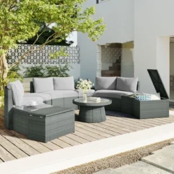 ModernLuxe 22 10 PCS Patio PE Rattan Half Round Conversation Set, Outdoor All-weather Wicker Sectional Sofa Set, Light Gray-ModernLuxe