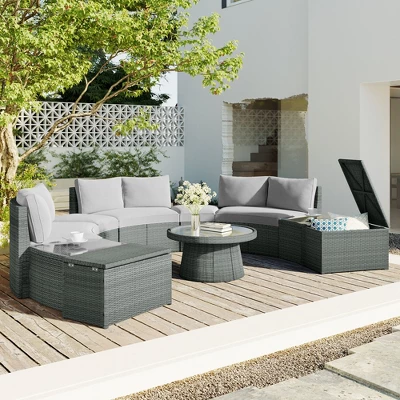 10 PCS Patio PE Rattan Half Round Conversation Set, Outdoor All-weather Wicker Sectional Sofa Set, Light Gray-ModernLuxe 3 10 PCS Patio PE Rattan Half Round Conversation Set, Outdoor All-weather Wicker Sectional Sofa Set, Light Gray-ModernLuxe
