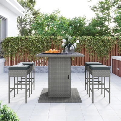 5-Piece Patio Rattan Dining Table Set , Counter Height PE Wicker Square Table Set With Storage Shelf And 4 Padded Stools, Gray-ModernLuxe 2 5-Piece Patio Rattan Dining Table Set , Counter Height PE Wicker Square Table Set With Storage Shelf And 4 Padded Stools, Gray-ModernLuxe
