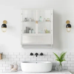 ModernLuxe 44 23.62" Glass Door Wall Cabinet With 2-Tier Enclosed Storage, Open Shelves And Towel Rack, White - ModernLuxe