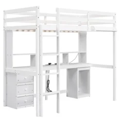 Loft Bed With Multi-Function Storage Table, LED Lights, Bedside Tray And Charging Station, White - ModernLuxe -ModernLuxe GUEST 26a33b3f 8e8d 468a 95cf 3a07ca52e13c
