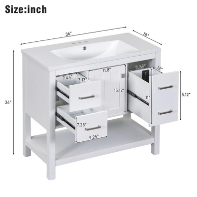 36" White Modern Bathroom Vanity With USB, 3 Drawers, 1 Door And Single Sink - ModernLuxe 5 36" White Modern Bathroom Vanity With USB, 3 Drawers, 1 Door And Single Sink - ModernLuxe - Image 3