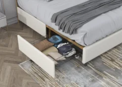 Classic Upholstered Platform Bed With Buckle Backrest, Metal Frame, Solid Wood Ribs And Four Storage Drawers -ModernLuxe -ModernLuxe GUEST 26e762d7 e8cd 4422 a8ed 15a95dfa782f