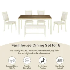 6 PCS Wood Dining Table Set, Rectangular Table With 4 Upholstered Chairs & Bench-ModernLuxe 17 6 PCS Wood Dining Table Set, Rectangular Table With 4 Upholstered Chairs & Bench-ModernLuxe -ModernLuxe GUEST 2719811a d712 4f45 b851 ebf10bc41225