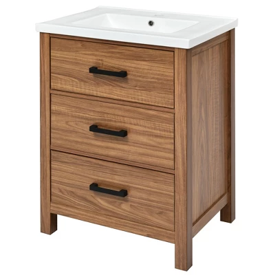 24" Bathroom Vanity With Ceramic Basin Sink And 3 Drawers, Natural - ModernLuxe 7 24" Bathroom Vanity With Ceramic Basin Sink And 3 Drawers, Natural - ModernLuxe - Image 5