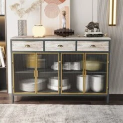 47.6" Modern Freestanding 4 Glass Door Sideboard With 3 Top Drawers, Natural - ModernLuxe