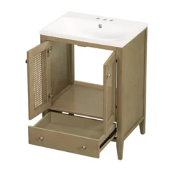 24" Bathroom Vanity With Ceramic Basin, Two Doors And Drawers, Natural - ModernLuxe -ModernLuxe GUEST 2c07ad84 945b 4e00 8caf ea8543809851