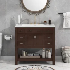 36" Contemporary Bathroom Vanity With Top Sink, 2 Soft Close Doors, And 6 Drawers - ModernLuxe