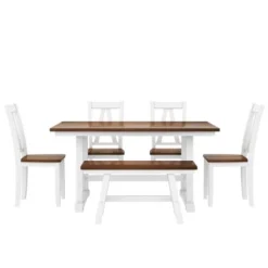 Farmhouse 6-Piece Wood Dining Table Set With Long Bench And 4 Dining Chairs-ModernLuxe