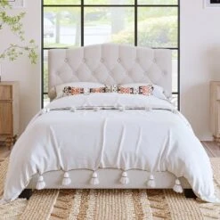 Upholstered Linen Platform Bed Frame With Curved Tufted Headboard Beige-ModernLuxe -ModernLuxe GUEST 2e7693e1 2a1c 47ed 9927 6235026eb041