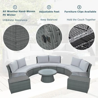 10 PCS Patio PE Rattan Half Round Conversation Set, Outdoor All-weather Wicker Sectional Sofa Set, Light Gray-ModernLuxe 5 10 PCS Patio PE Rattan Half Round Conversation Set, Outdoor All-weather Wicker Sectional Sofa Set, Light Gray-ModernLuxe - Image 3