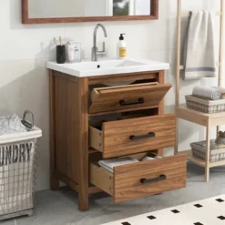 24" Bathroom Vanity With Ceramic Basin Sink And 3 Drawers, Natural - ModernLuxe