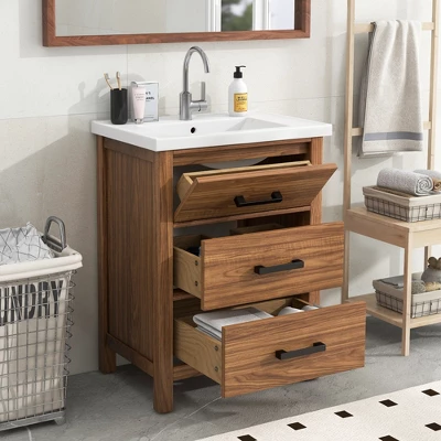 24" Bathroom Vanity With Ceramic Basin Sink And 3 Drawers, Natural - ModernLuxe 3 24" Bathroom Vanity With Ceramic Basin Sink And 3 Drawers, Natural - ModernLuxe