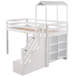 Twin Over Full Bunk Bed With Staircase, Shelves And House Roof-ModernLuxe -ModernLuxe GUEST 32460b03 d651 435f 9cbb b32de4a81761