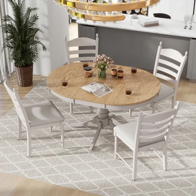 5-Piece Vintage Wood Extendable Dining Table Sets With 4 Upholstered Dining Chairs - ModernLuxe 3 5-Piece Vintage Wood Extendable Dining Table Sets With 4 Upholstered Dining Chairs - ModernLuxe