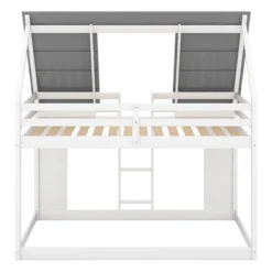 Twin Over Twin Wood House Bunk Bed With Roof And Built-in Ladder, White-ModernLuxe -ModernLuxe GUEST 36022c20 211f 4488 b117 e5f3747a4195