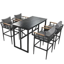 Steel Outdoor Dinner Set With Acacia Wood Handrails For Patio, Balcony Or Backyard,Black - ModernLuxe -ModernLuxe GUEST 37166a1c 686d 4357 921d 8f2f36e03c46