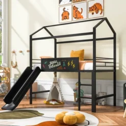 Twin Size Metal House Loft Bed With Slide And Two-Sided Writable Wooden Board-ModernLuxe -ModernLuxe GUEST 3785b0a5 2630 48d7 bfa6 506582bf7470