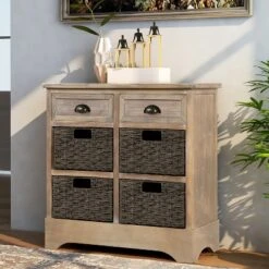 Modernluxe Dining Room/Living Room Storage Cabinet With Two Drawers And Four Classic Rattan Basket-Rustic -ModernLuxe GUEST 388caf08 7632 42d3 bbba dc3bf324dbce