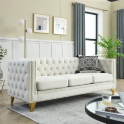 Living Room Modern Velvet Sofa With Button Tufted Square Arms And Metal Legs - ModernLuxe -ModernLuxe GUEST 38c95256 5ae5 4c8b af6a 419fc22c01fb