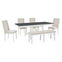 6 PCS Classic Wood Extendable Dining Table Set, Rectangular Table With 4 Upholstered Chairs & Bench, Gray+White-ModernLuxe -ModernLuxe GUEST 3d3a3ba4 0331 47a9 b510 e3575de64da2