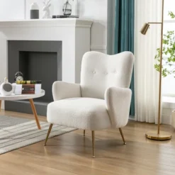 Modern Accent Chair With Golden Metal Legs, High Back Armchair In Teddy Short Plush Particle-ModernLuxe -ModernLuxe GUEST 3dd43a7c acd2 4a7f b7d3 c199bafd7d60