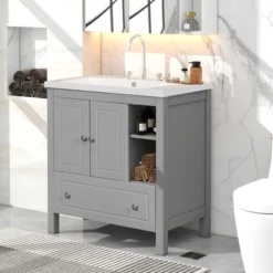 30" Bathroom Vanity With Ceramic Sink, Doors And Drawers - ModernLuxe -ModernLuxe GUEST 3dfcc2f2 ff91 408a 964d df5863621f54