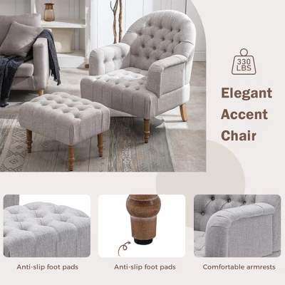 Mid Century Button-Tufted Upholstered Accent Chair Set With Linen Fabric And Ottoman-ModernLuxe 6 Mid Century Button-Tufted Upholstered Accent Chair Set With Linen Fabric And Ottoman-ModernLuxe - Image 4