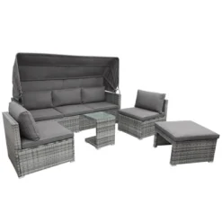 5 PCS Outdoor Sectional Rattan Daybed Sofa Set, Patio PE Wicker Conversation Furniture Set With Canopy And Tempered Glass Side Table, Gray-ModernLuxe -ModernLuxe GUEST 4978f351 1ac1 40d3 9a98 8b849ee41ab6