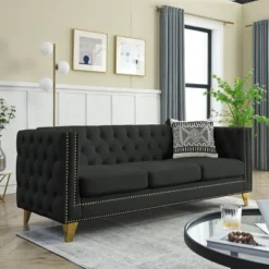 Living Room Modern Velvet Sofa With Button Tufted Square Arms And Metal Legs - ModernLuxe -ModernLuxe GUEST 4b51f195 8c19 4be4 bd78 029c2311e19d