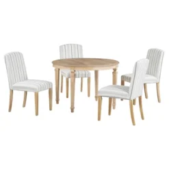 5 PCS Round Dining Table Set With Solid Wood Legs And 4 Striped Fabric Upholstered Chairs-ModernLuxe 20 5 PCS Round Dining Table Set With Solid Wood Legs And 4 Striped Fabric Upholstered Chairs-ModernLuxe -ModernLuxe GUEST 4b7547e7 2f05 486c 9010 162d2a53d4a7